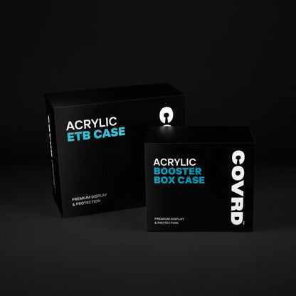 COVRD Acrylic ETB Case and Booster Box Case packaging on a dark background.