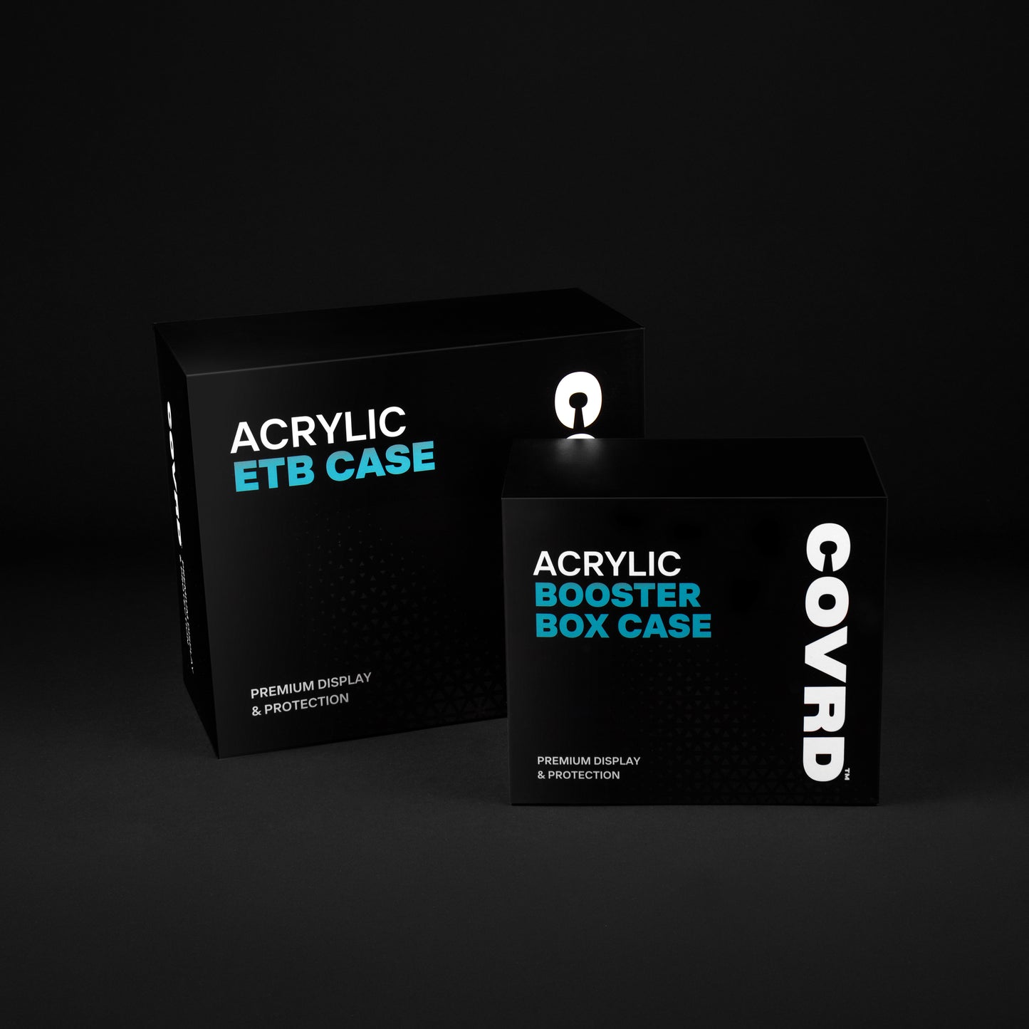 COVRD Acrylic ETB Case and Booster Box Case packaging displayed together on a dark background.