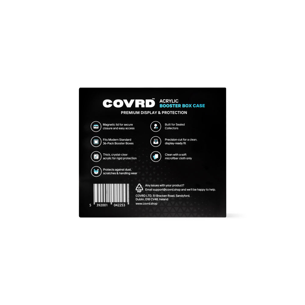 Back view of COVRD Acrylic Booster Box Case packaging showing features and barcode.