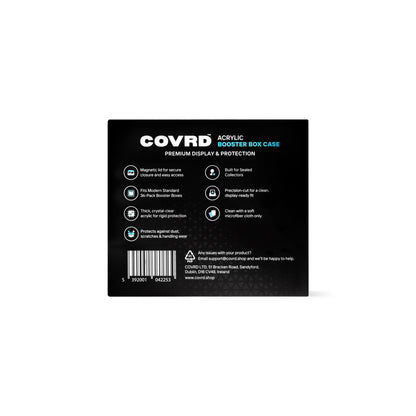 Back view of COVRD Acrylic Booster Box Case packaging showing features and barcode.