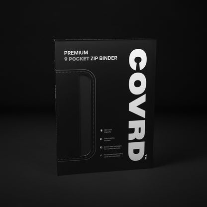 COVRD Premium 9-Pocket Zip Binder packaging box standing on a dark background.