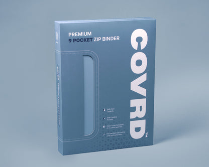 COVRD Premium 9-Pocket Zip Binder packaging box standing at an angle.