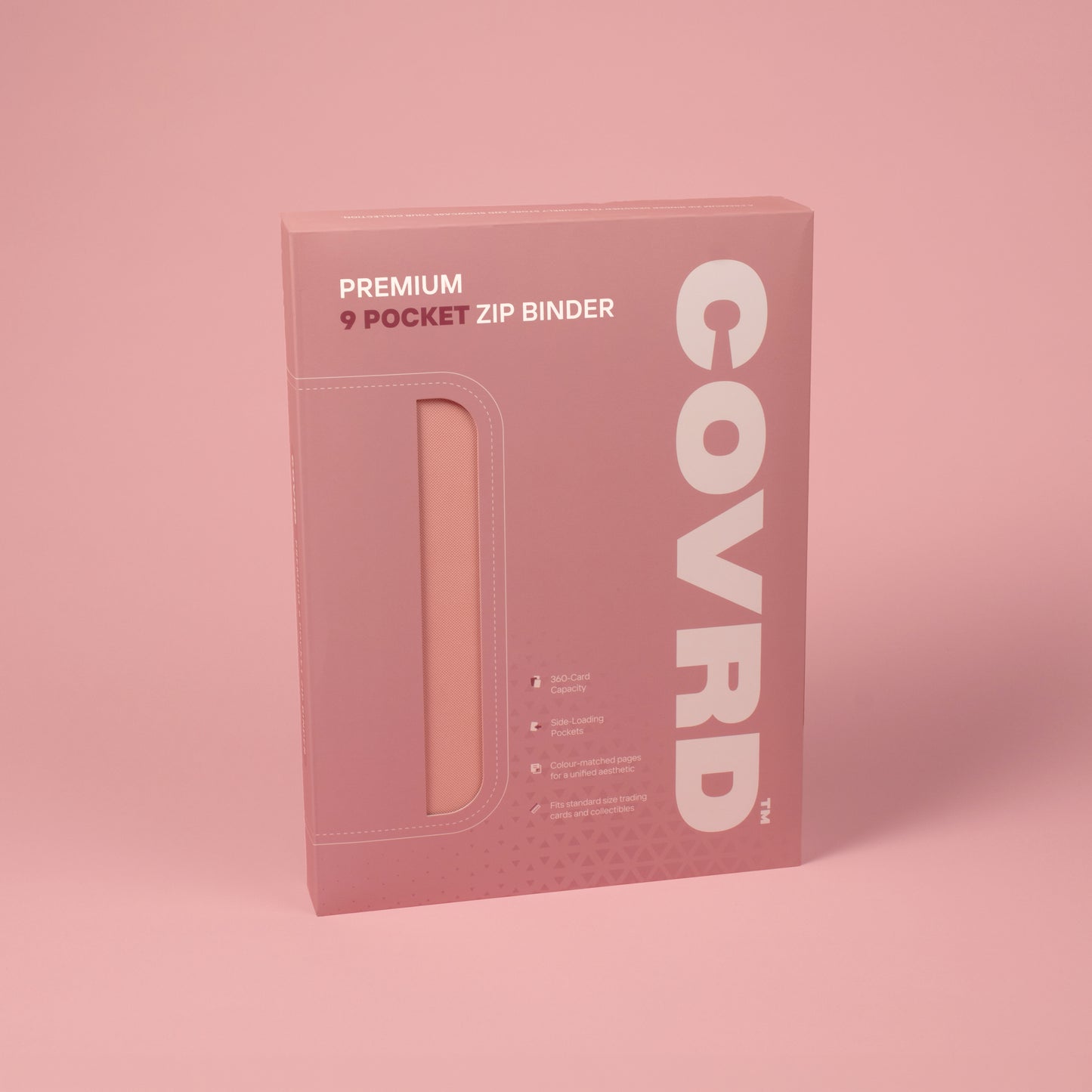 COVRD Premium 9-Pocket Zip Binder packaging box standing at an angle.