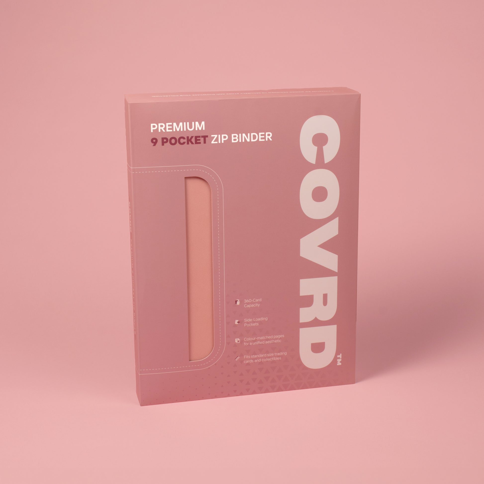 COVRD Premium 9-Pocket Zip Binder packaging box standing at an angle.