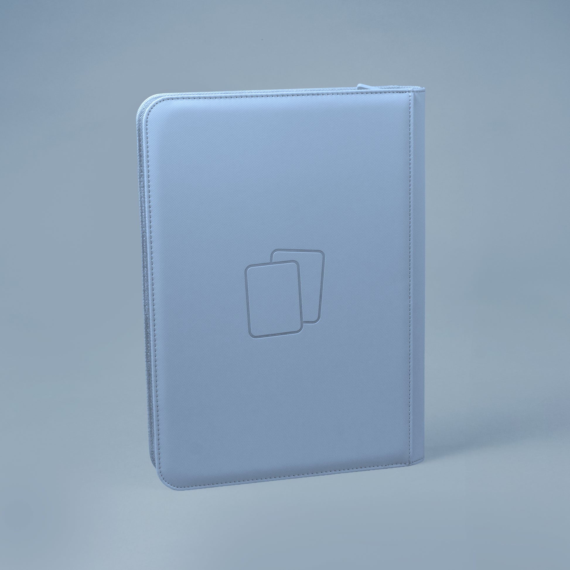 Back view of steel blue COVRD card album standing upright showing the debossed logo asset.