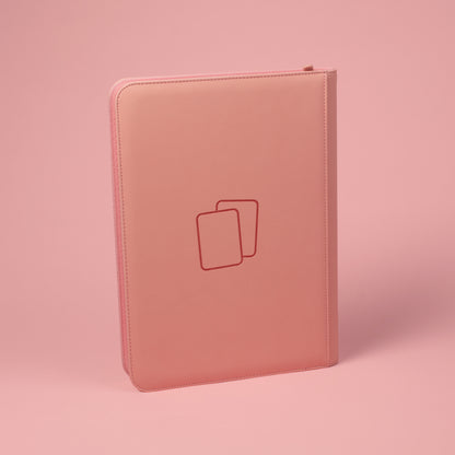 Back view of blush pink COVRD card album standing upright showing the debossed logo asset.