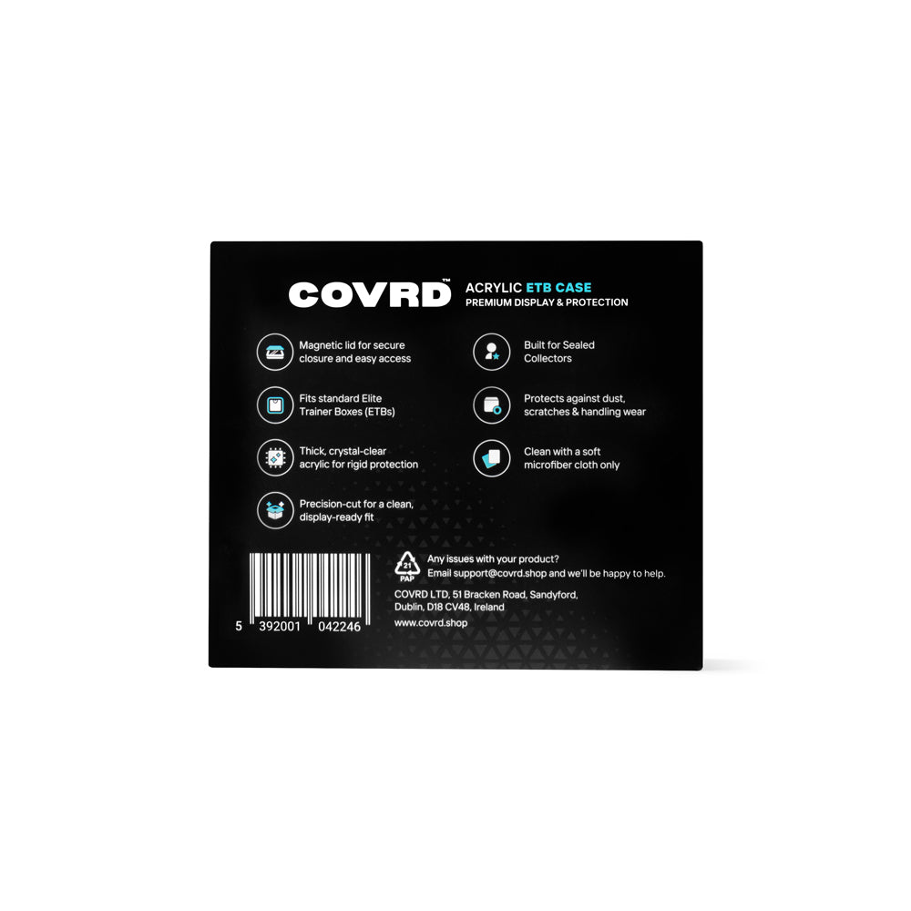 Back view of COVRD Acrylic ETB Case packaging showing product features and barcode.