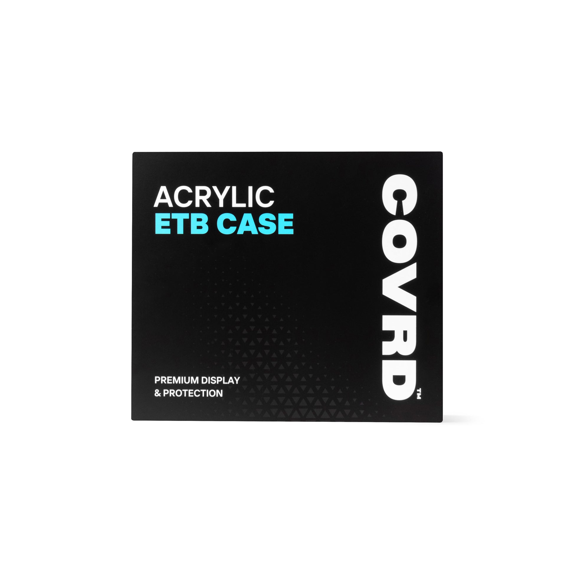 Front view of COVRD Acrylic ETB Case product packaging with premium display and protection text.
