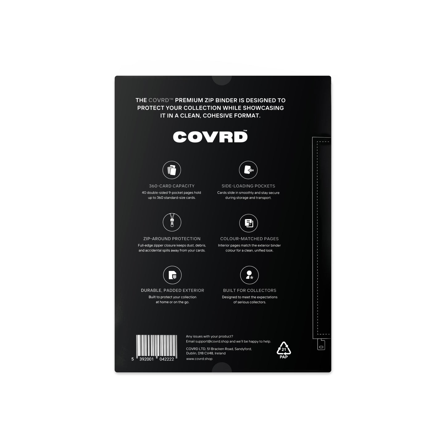Back view of COVRD zip binder product packaging showing features, specifications, and barcode.