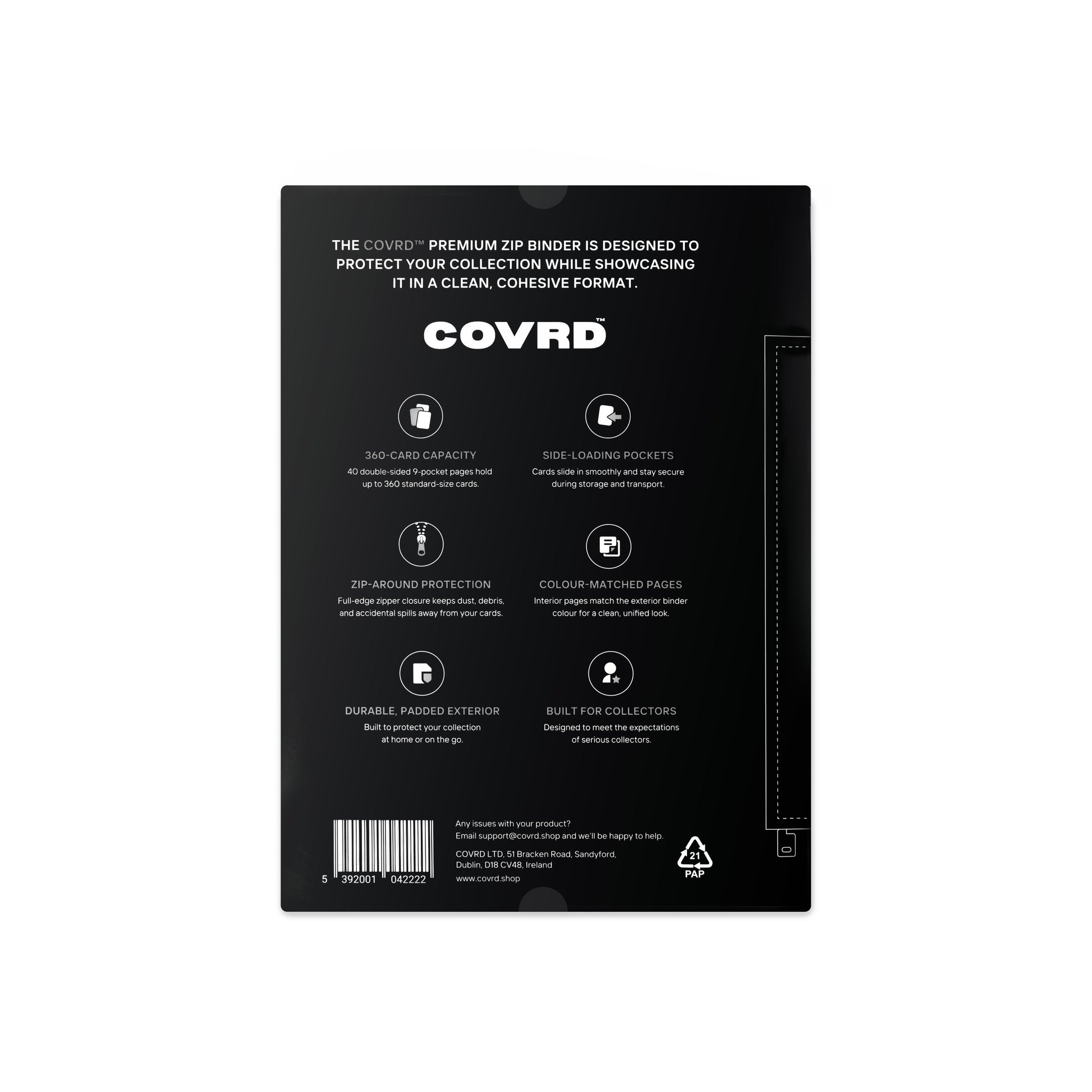Back view of COVRD zip binder product packaging showing features, specifications, and barcode.
