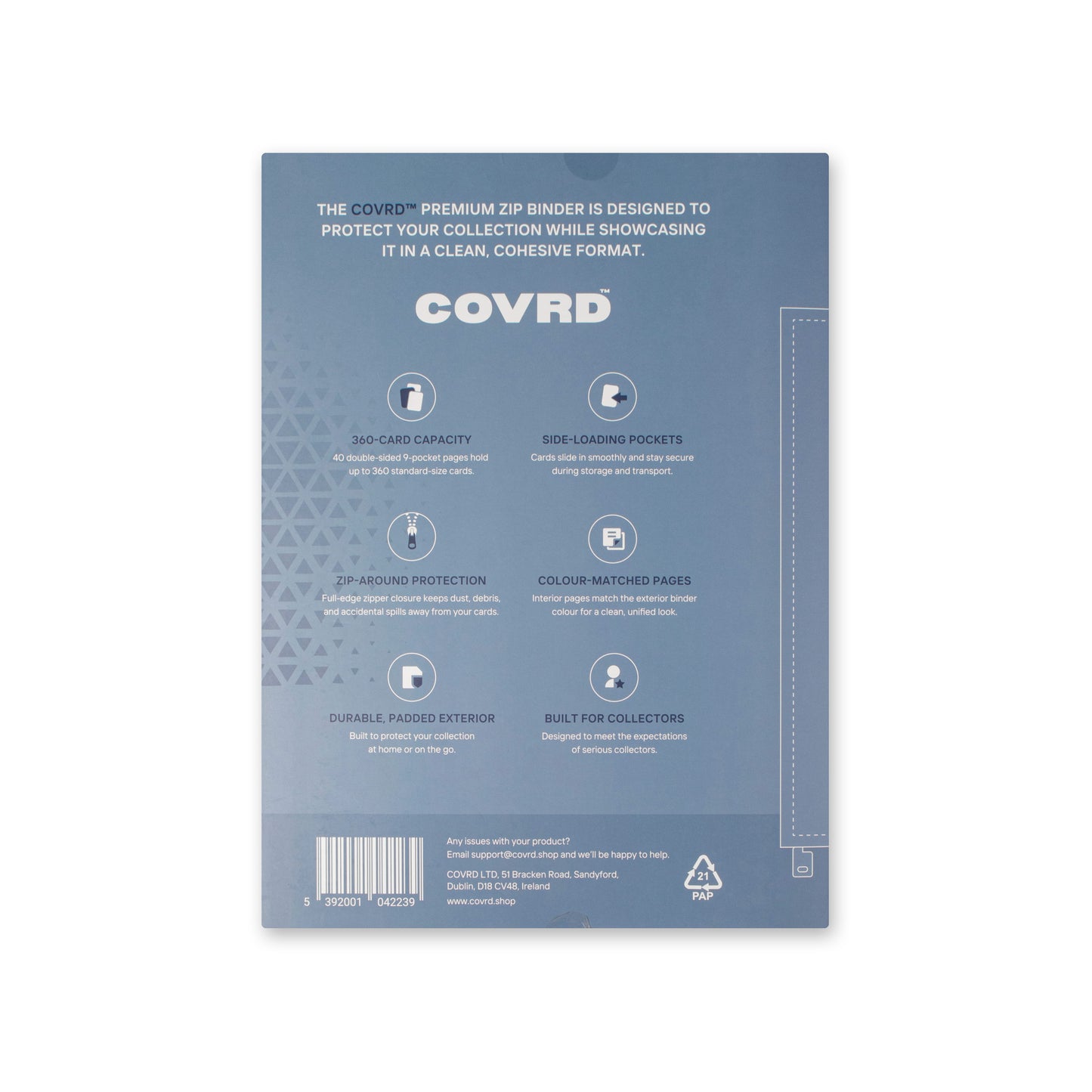 Back view of COVRD zip binder product packaging showing features, specifications, and barcode.