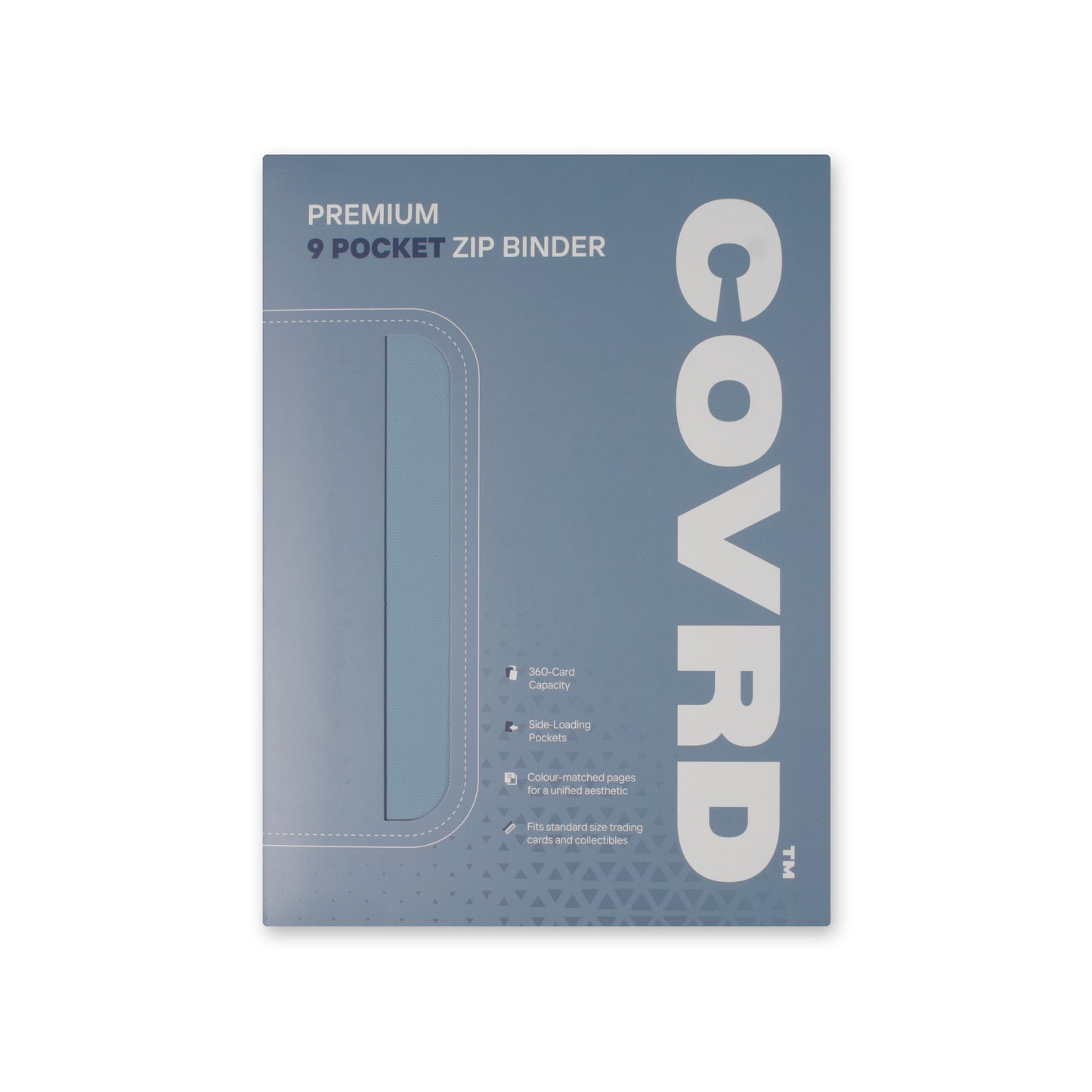 Front view of COVRD Premium 9-Pocket Zip Binder packaging in steel blue.
