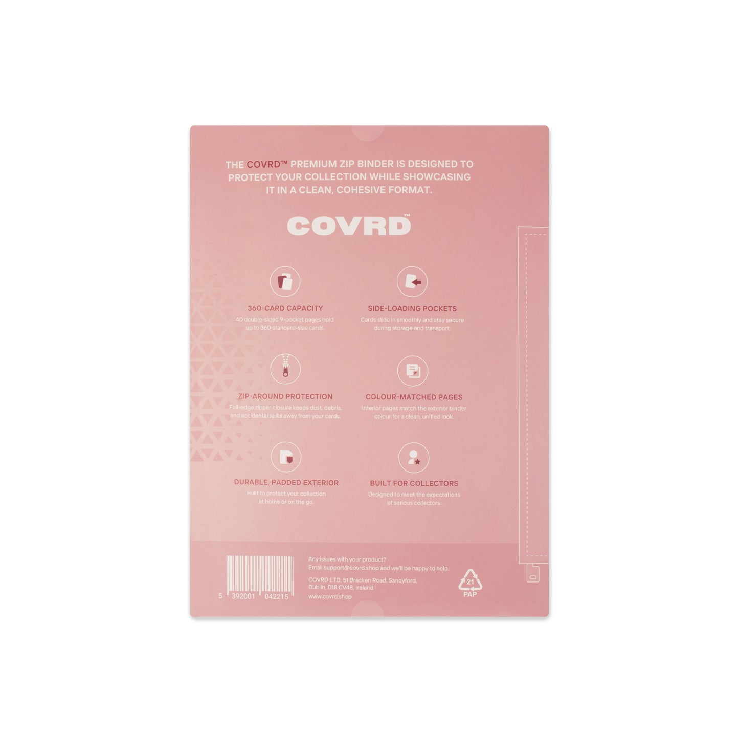 Back view of COVRD zip binder product packaging showing features, specifications, and barcode.