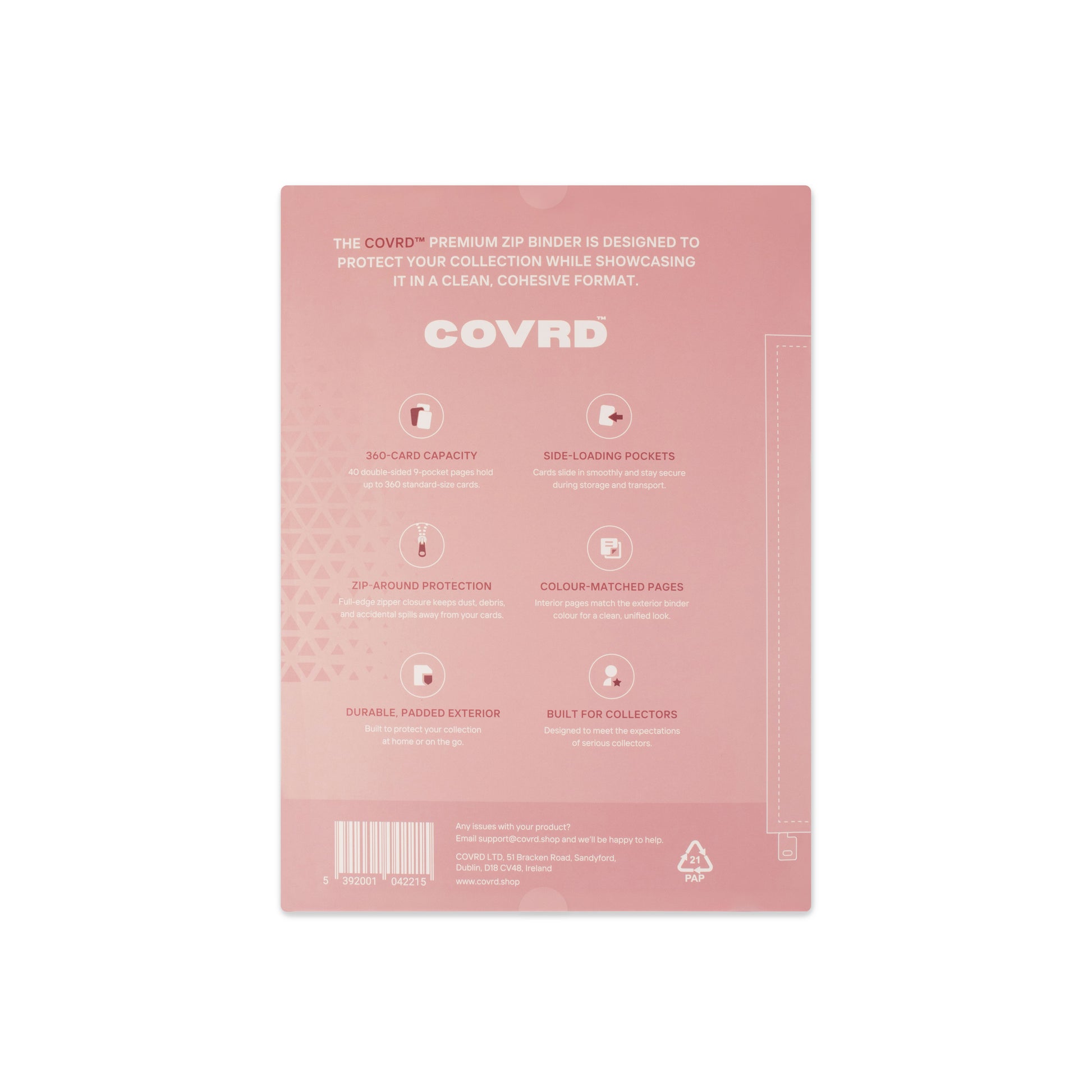 Back view of COVRD zip binder product packaging showing features, specifications, and barcode.