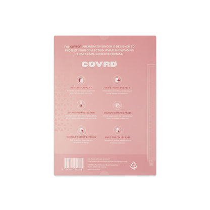 Back view of COVRD zip binder product packaging showing features, specifications, and barcode.