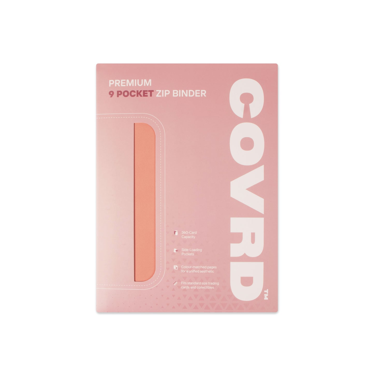 Front view of COVRD Premium 9-Pocket Zip Binder packaging in blush pink.