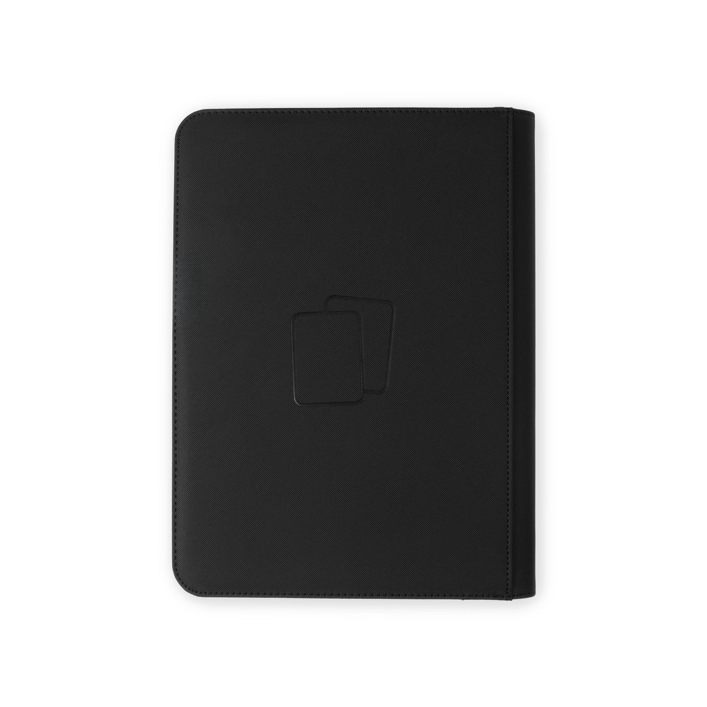 Back view of black COVRD trading card binder featuring a minimalist dual-card debossed design.