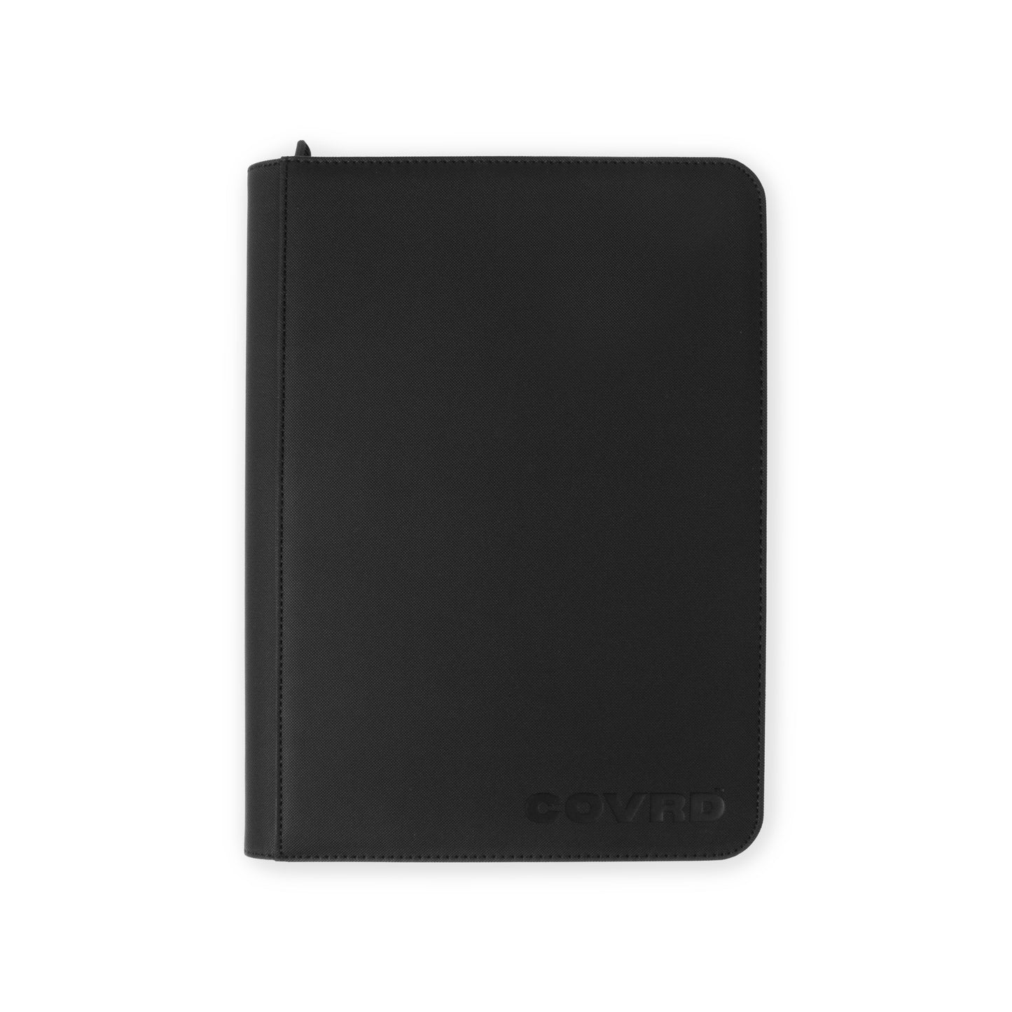 Front view of COVRD premium trading card zip binder in black with embossed logo.