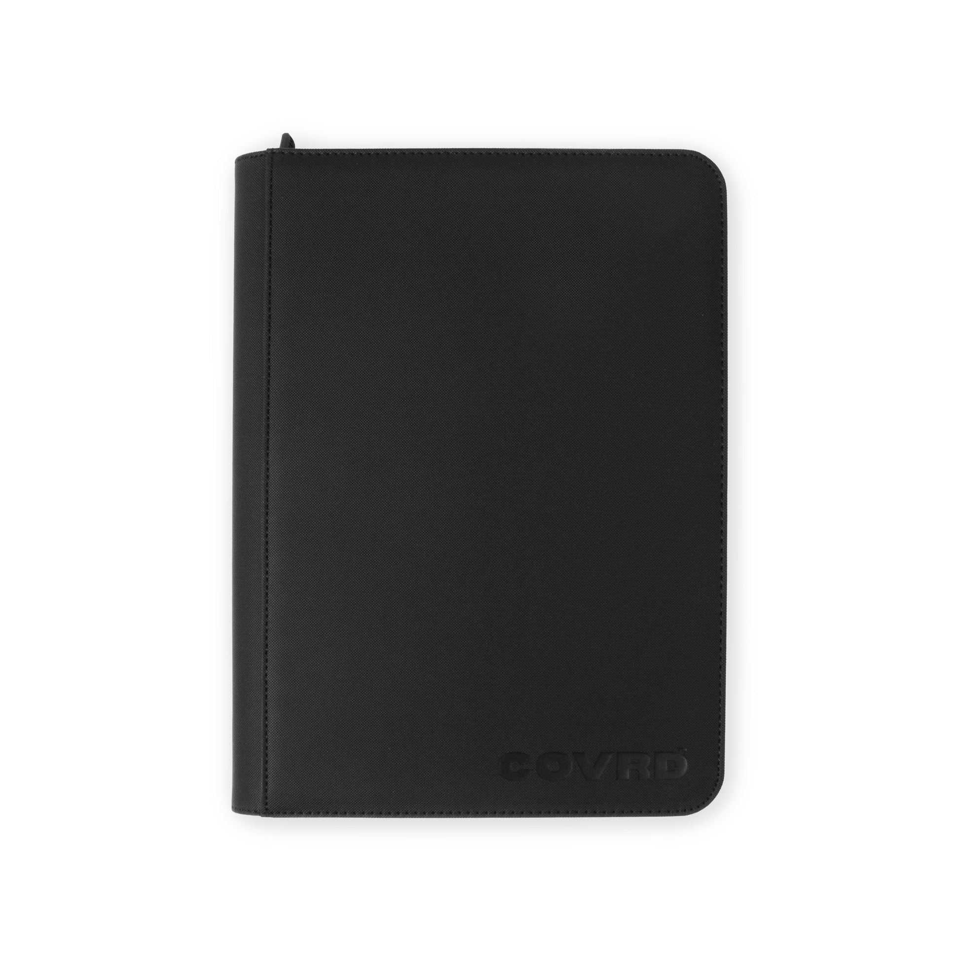Front view of COVRD premium trading card zip binder in black with embossed logo.
