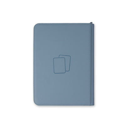 Back view of steel blue COVRD trading card binder featuring a minimalist dual-card debossed design.