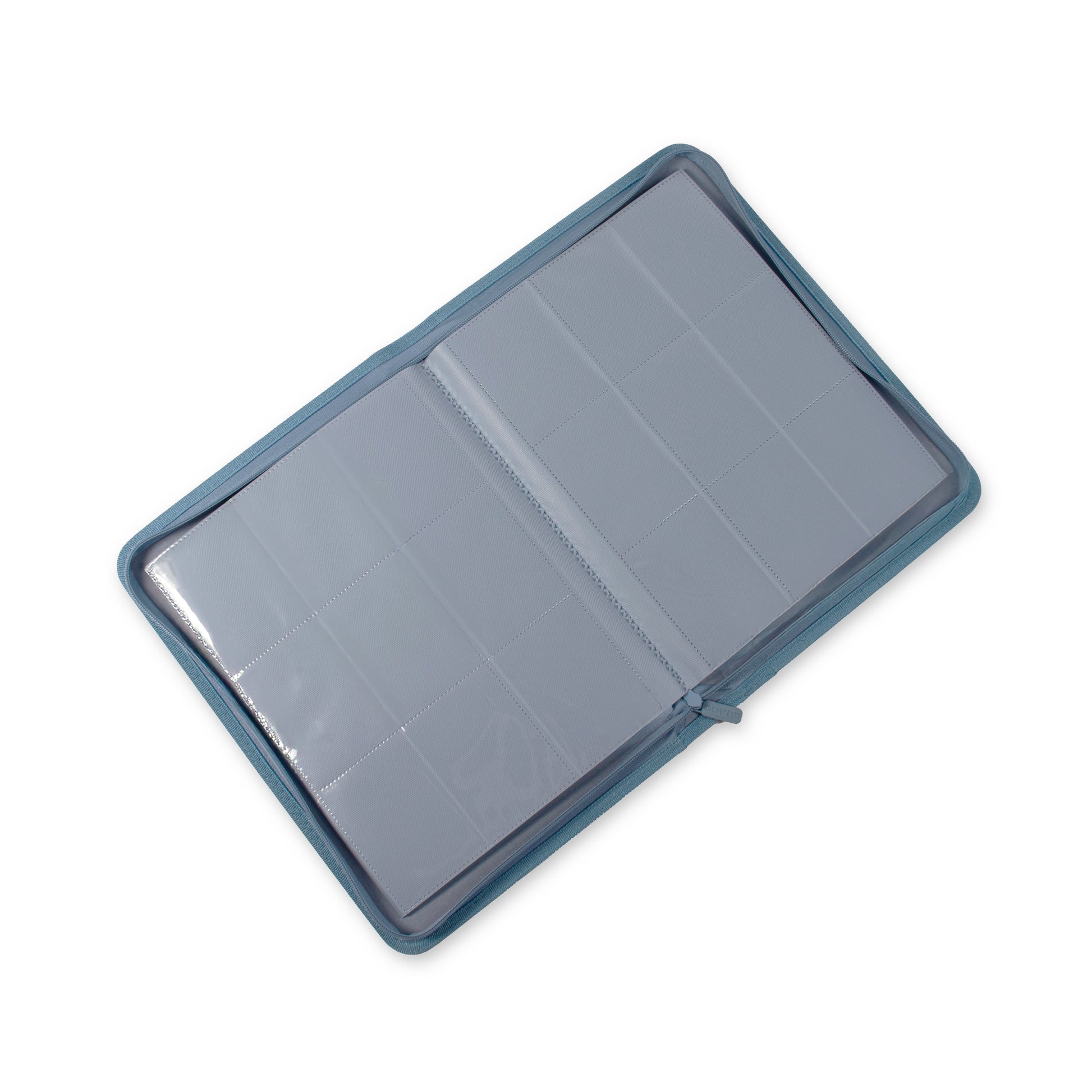 Open steel blue COVRD binder showing colour-matched, side-loading 9-pocket card pages.
