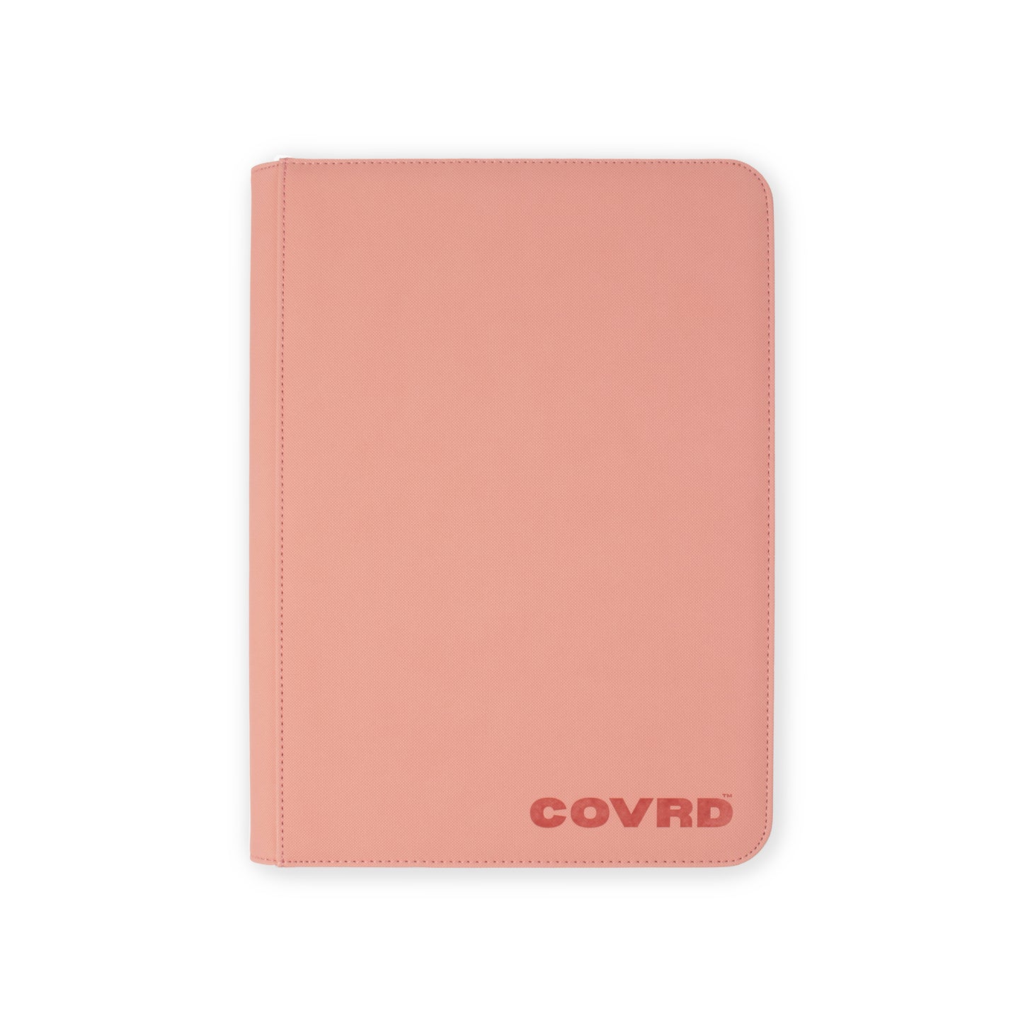 Front view of COVRD premium trading card zip binder in blush pink with embossed logo.