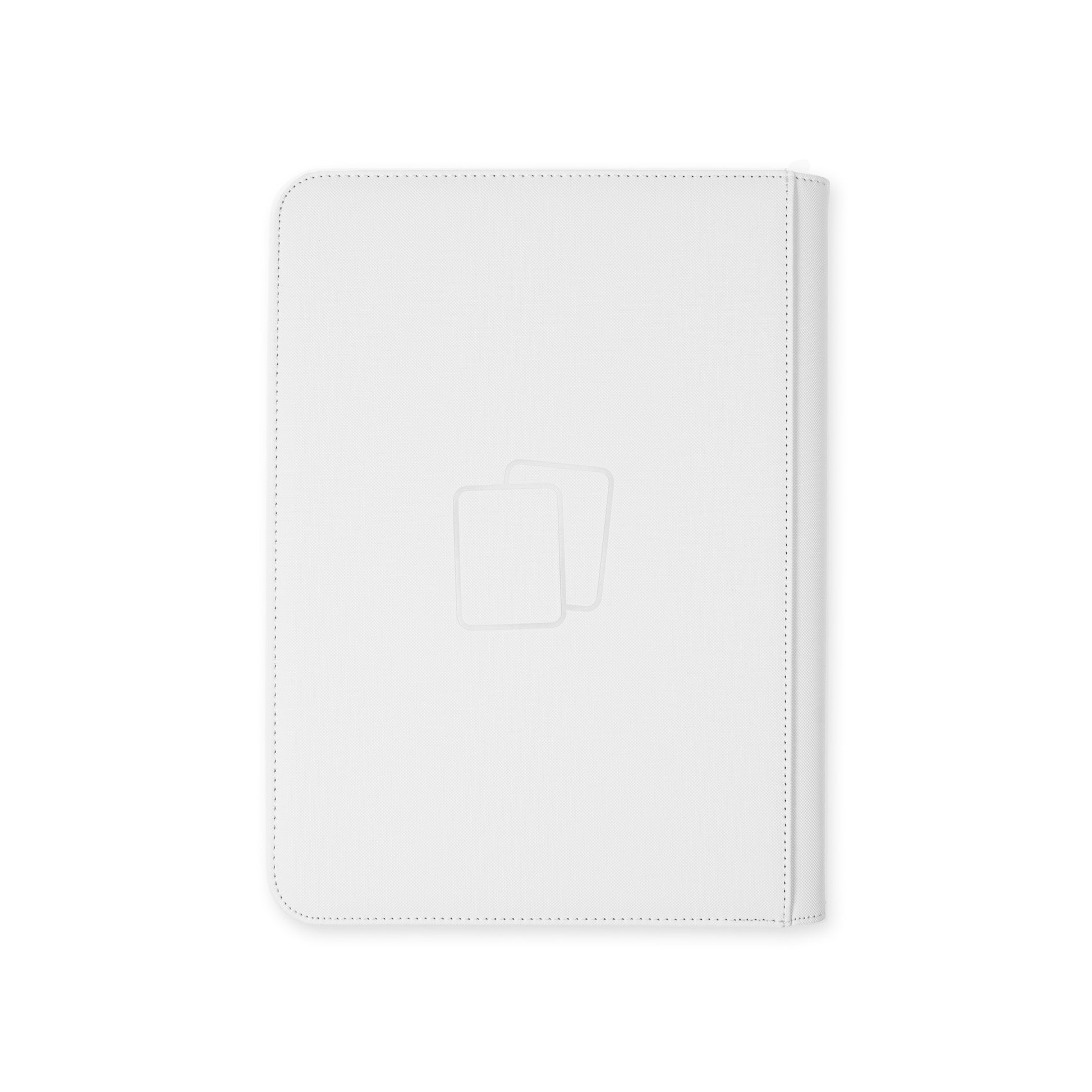 Back view of white COVRD trading card binder featuring a minimalist dual-card debossed design.
