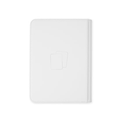 Back view of white COVRD trading card binder featuring a minimalist dual-card debossed design.