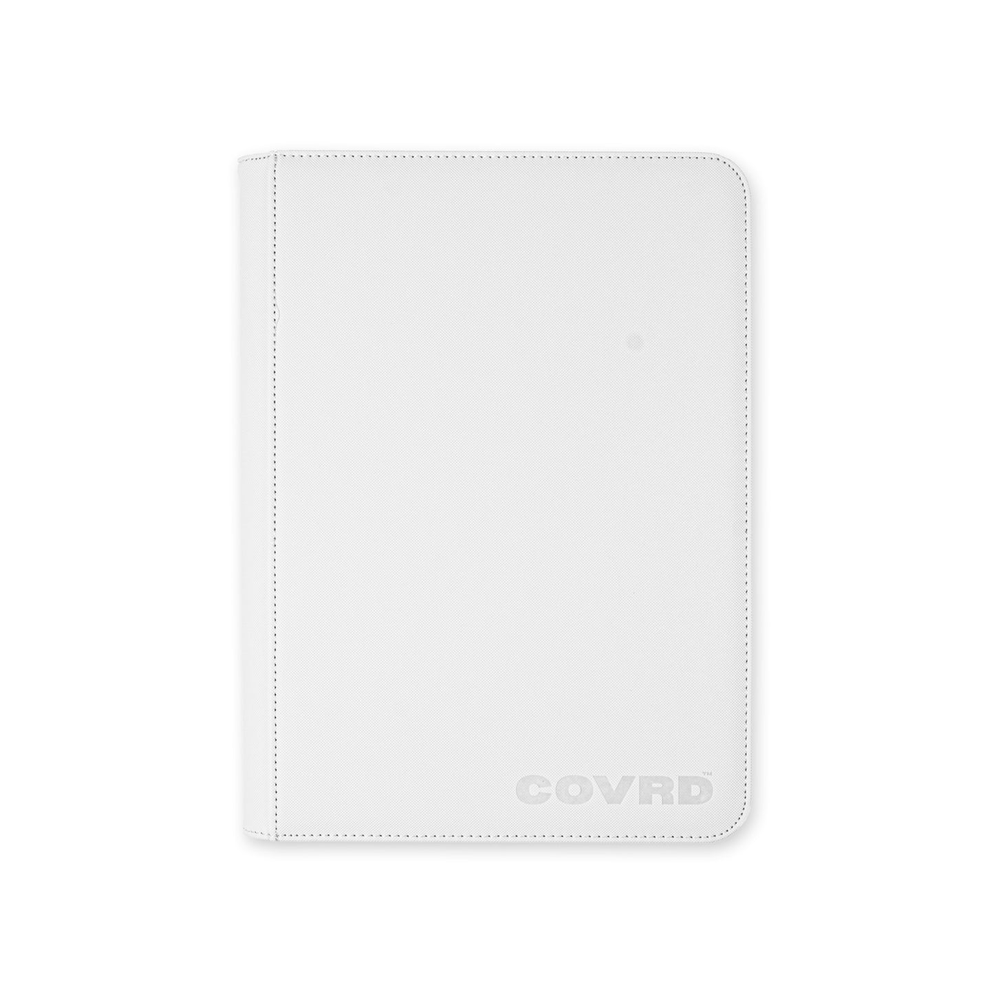 Front view of COVRD premium trading card zip binder in white with embossed logo.