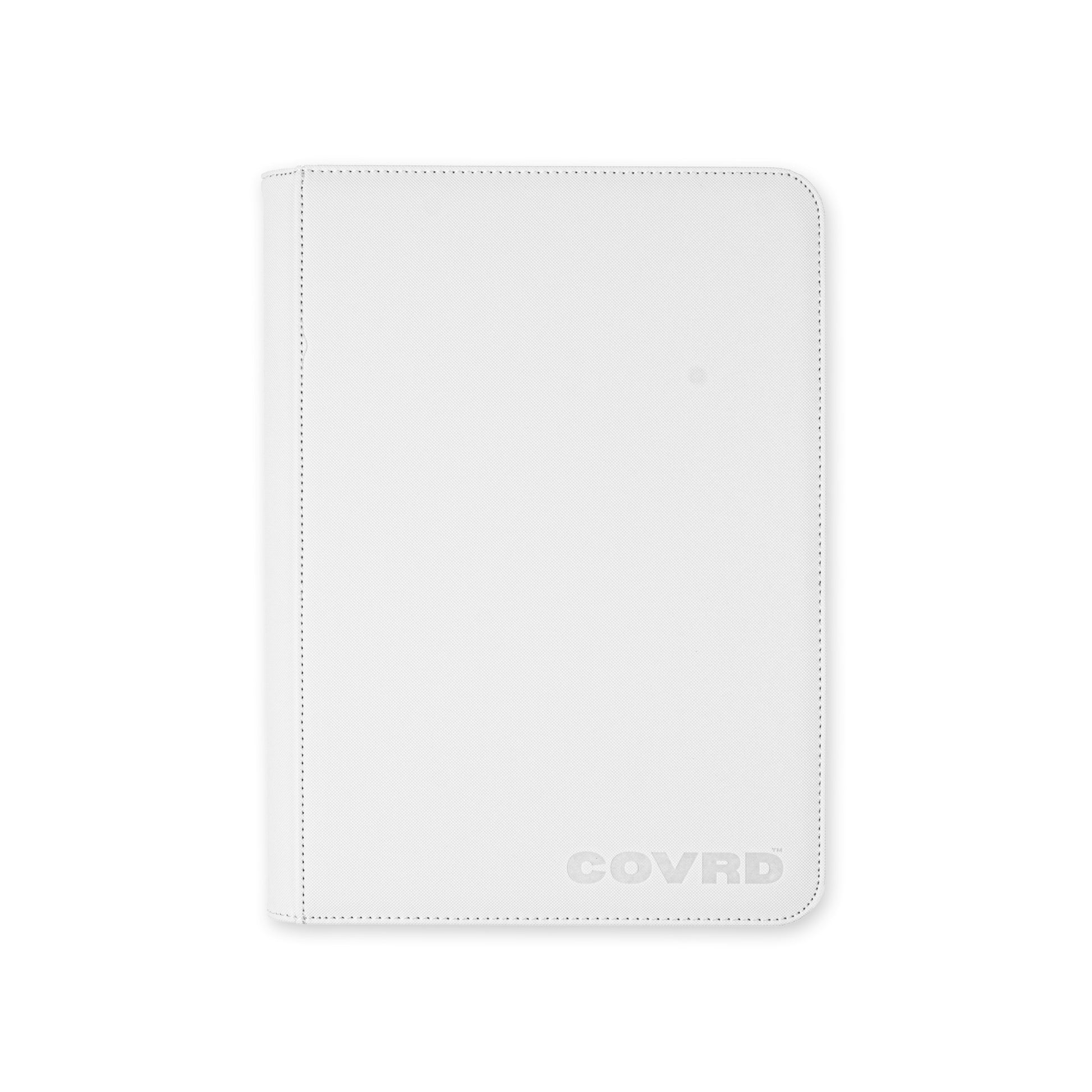 Front view of COVRD premium trading card zip binder in white with embossed logo.