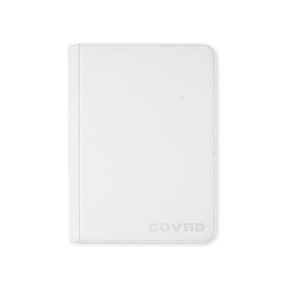 Front view of COVRD premium trading card zip binder in white with embossed logo.