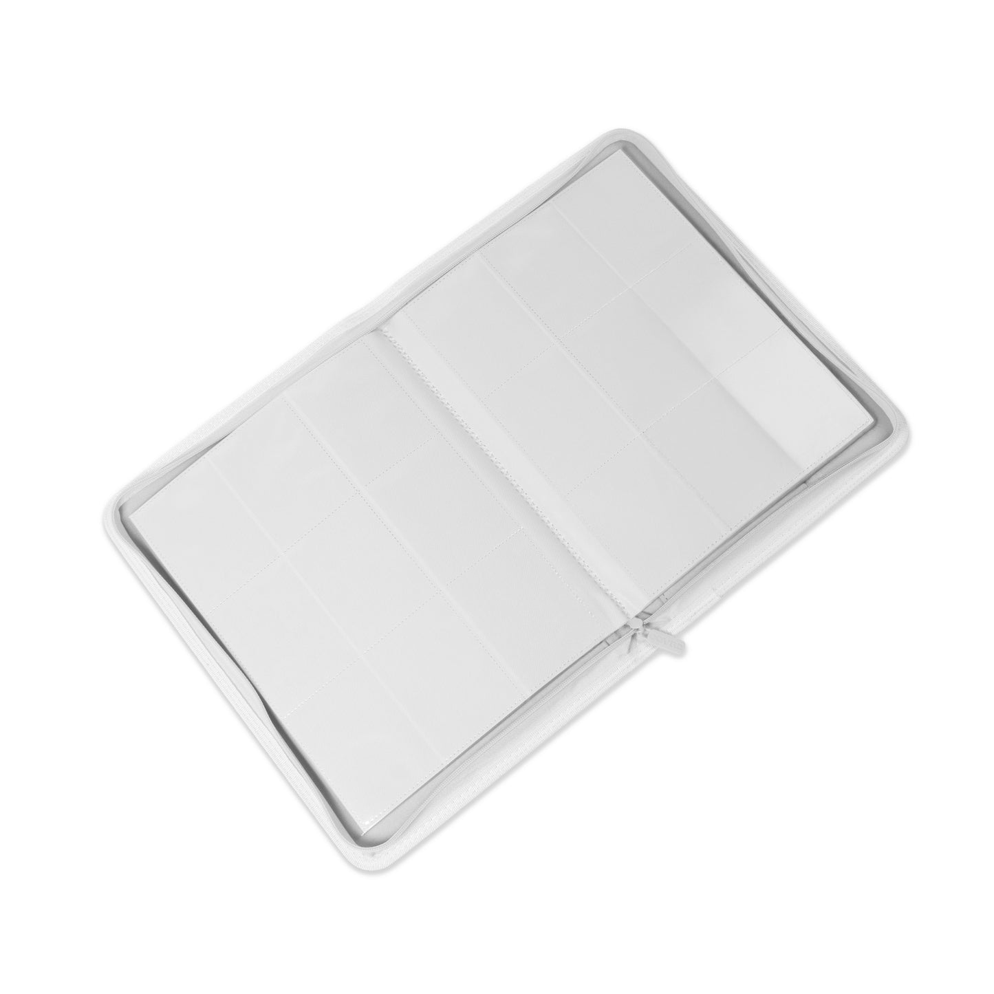Open white COVRD binder showing colour-matched, side-loading 9-pocket card pages.