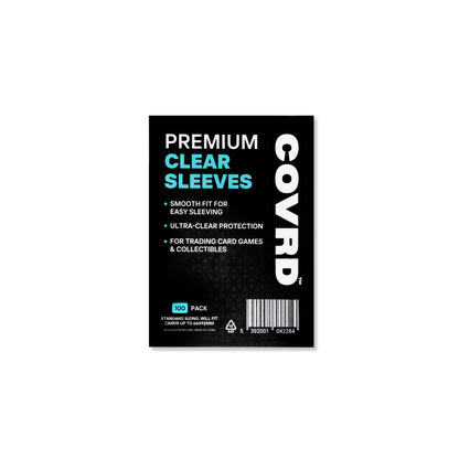 Front view of COVRD Premium Clear Sleeves 100-pack packaging for trading card games and collectibles.
