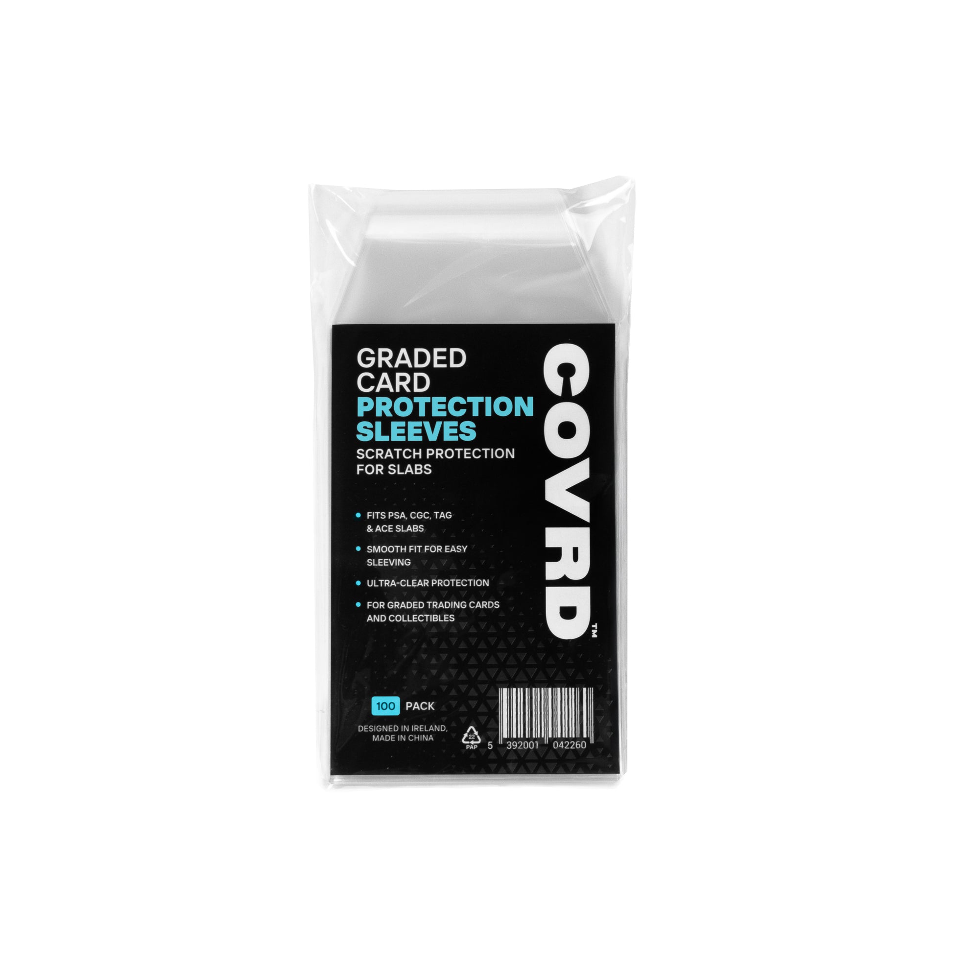 Front view of COVRD Graded Card Protection Sleeves pack designed for scratch protection on graded trading card slabs.