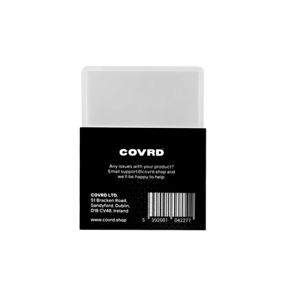 Back view of COVRD Classic Toploaders packaging showing the barcode, product information, and black label design.