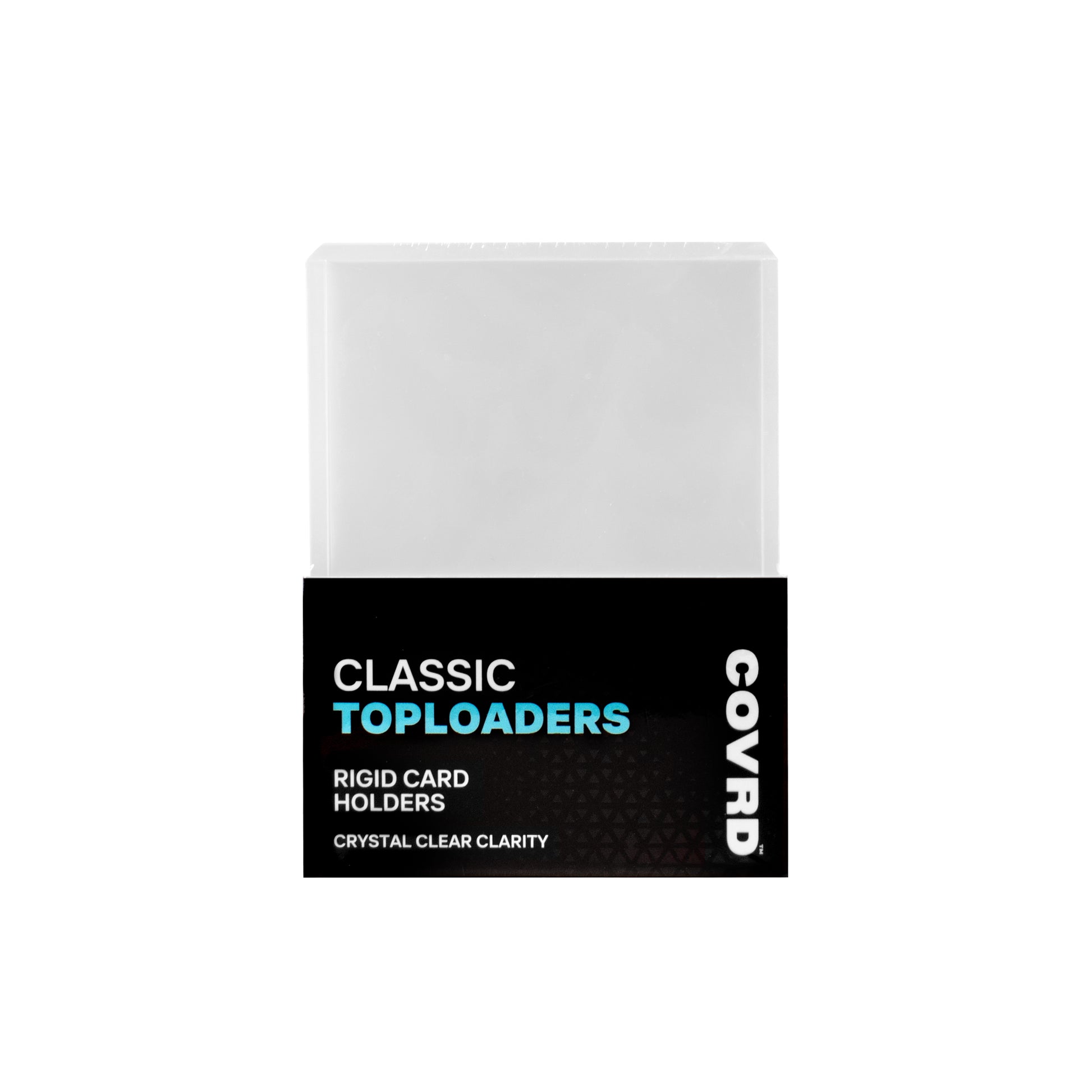 Front view of COVRD Classic Toploaders pack featuring a black label with rigid card holders and crystal clear clarity text.