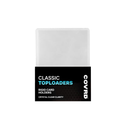 Front view of COVRD Classic Toploaders pack featuring a black label with rigid card holders and crystal clear clarity text.