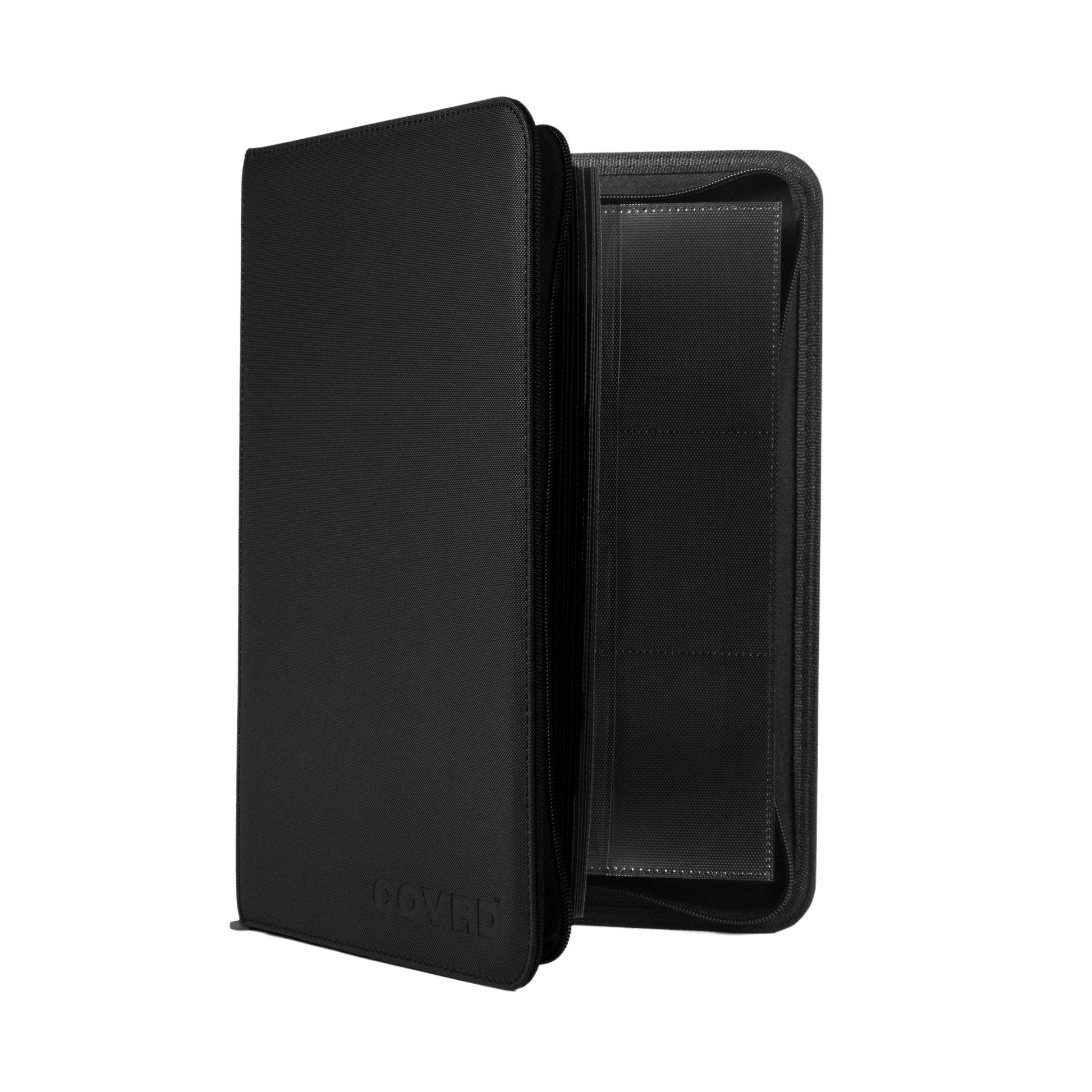 Slightly open black COVRD card binder standing upright showing the inner pocket layout.
