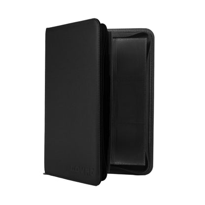 Slightly open black COVRD card binder standing upright showing the inner pocket layout.