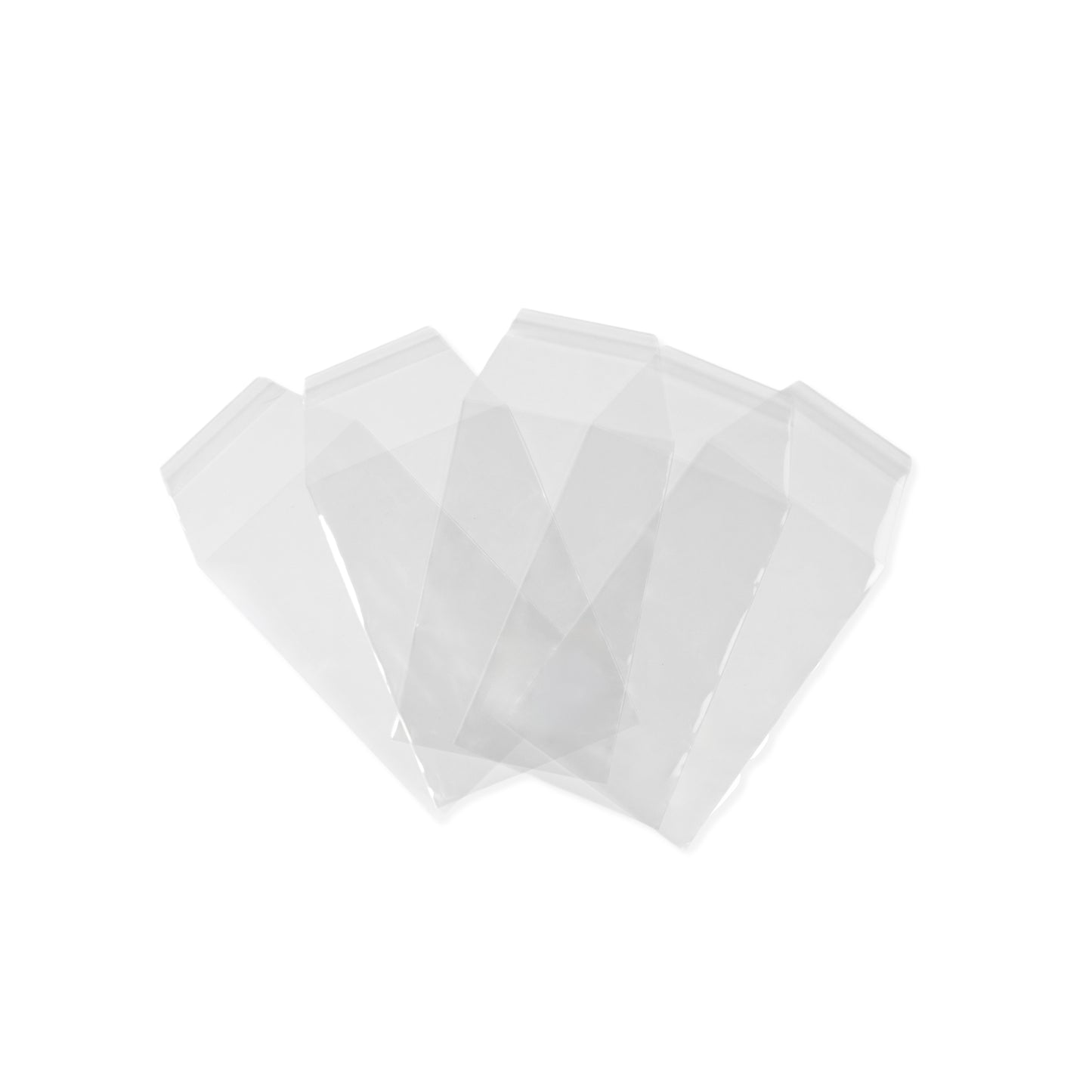 A fanned-out selection of clear, resealable protective sleeves for graded card cases.
