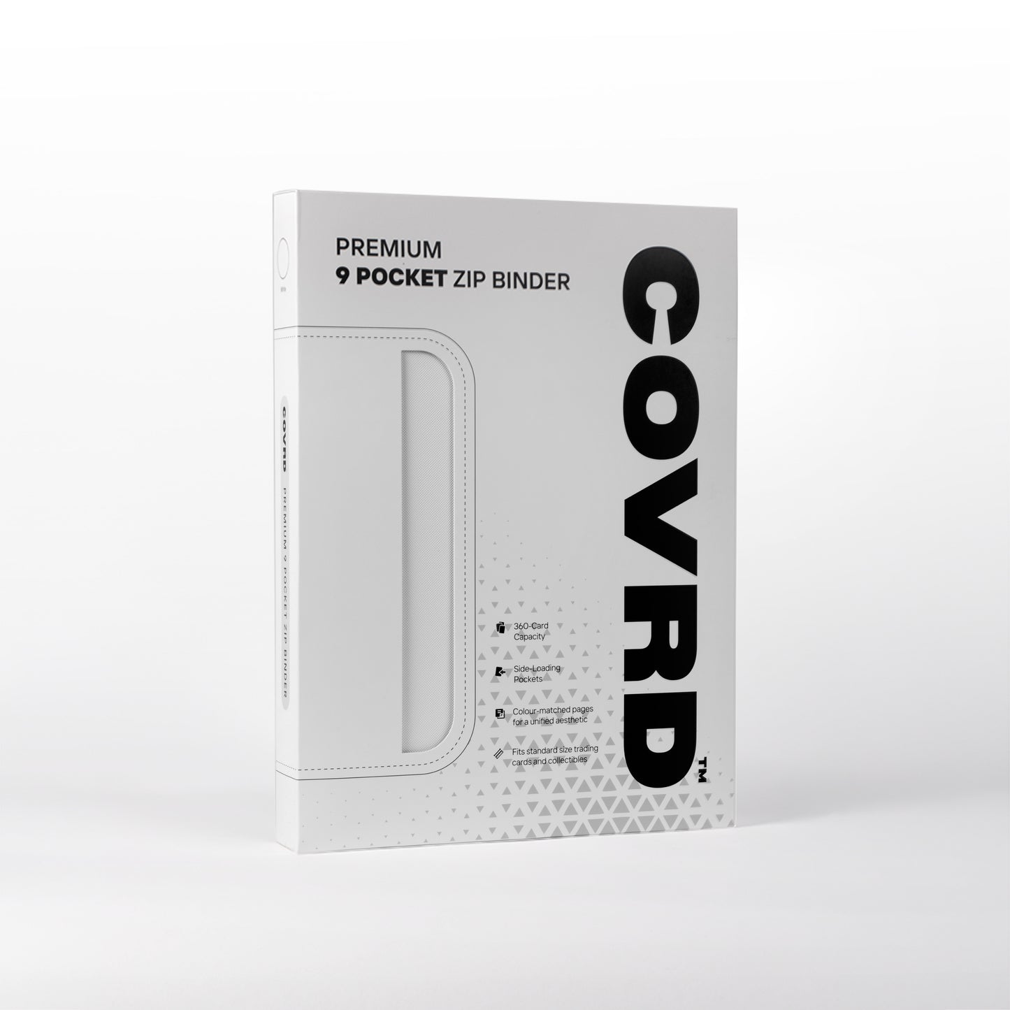COVRD Premium 9-Pocket Zip Binder packaging box standing at an angle.