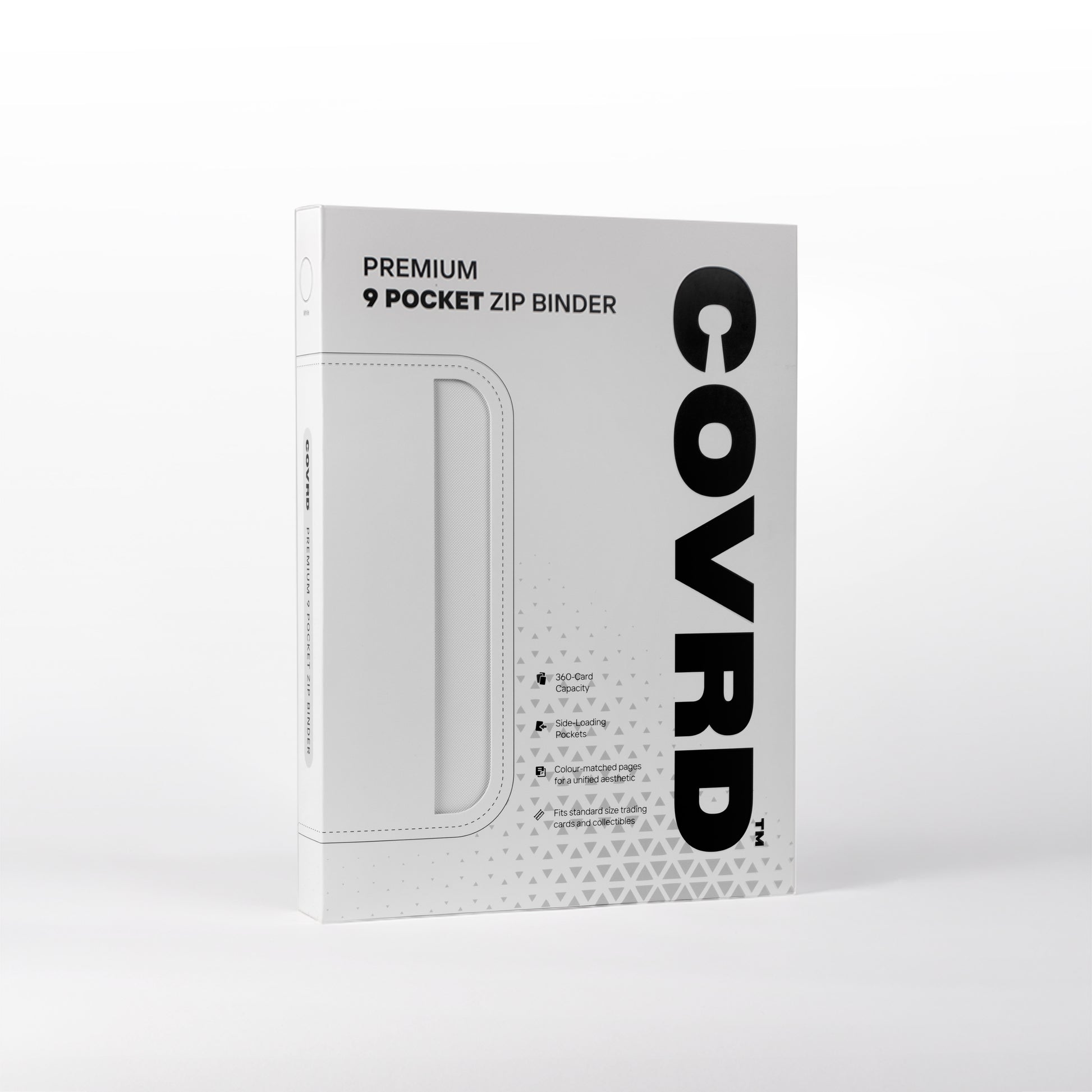 COVRD Premium 9-Pocket Zip Binder packaging box standing at an angle.