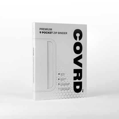 COVRD Premium 9-Pocket Zip Binder packaging box standing at an angle.
