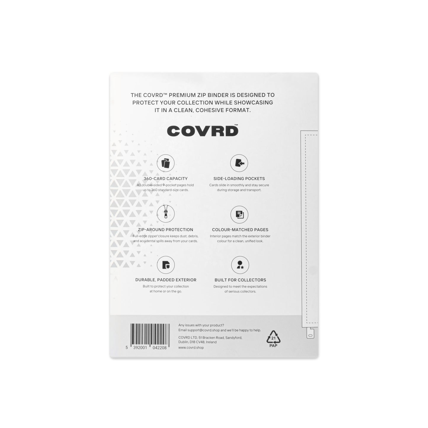 Back view of COVRD zip binder product packaging showing features, specifications, and barcode.