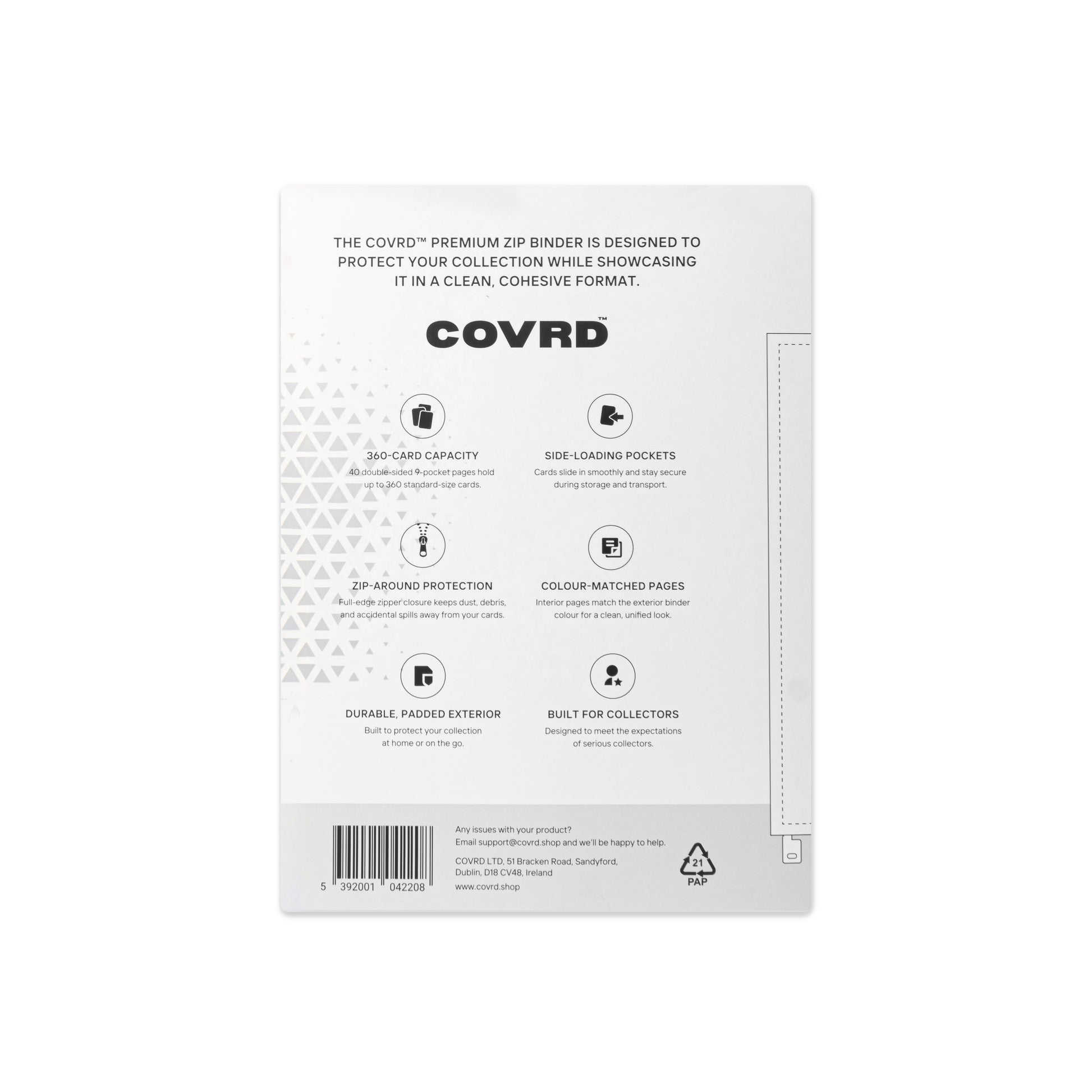 Back view of COVRD zip binder product packaging showing features, specifications, and barcode.