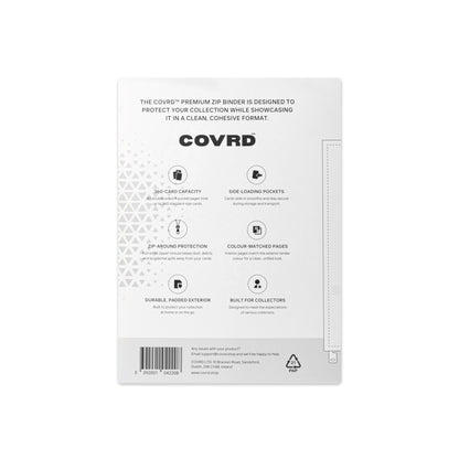 Back view of COVRD zip binder product packaging showing features, specifications, and barcode.