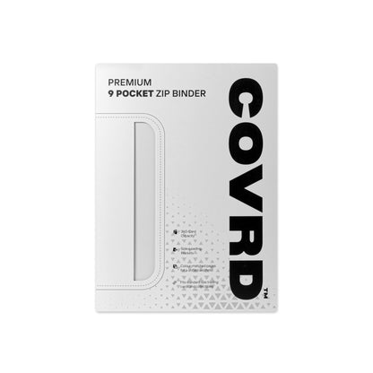 Front view of COVRD Premium 9-Pocket Zip Binder packaging in white.