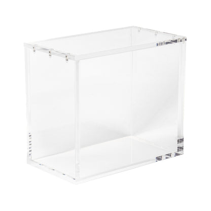 An empty, crystal-clear acrylic protective case for a TCG booster box.