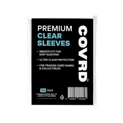 Pack of COVRD premium clear sleeves for trading card games and collectibles on a white background